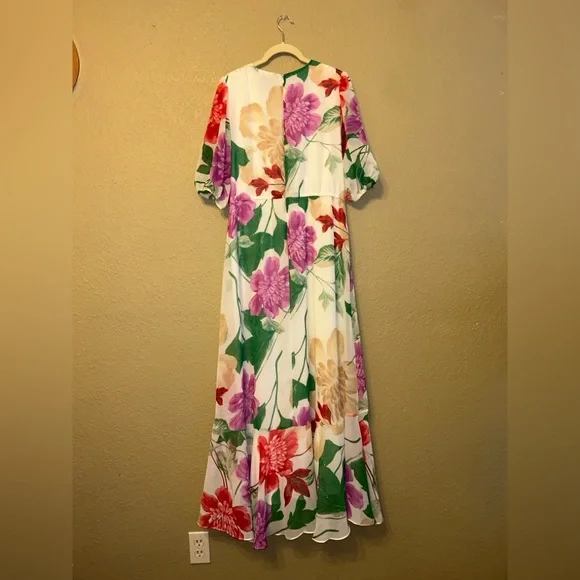 Maison Tara Floral Asymmetric Ruffle Faux-Wrap Maxi Dress Size 14 - Picture 2 of 5